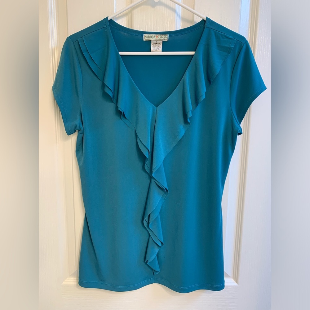 Vintage Suzie S/S Pullover Ruffled V-Neck & Front Top - Large - Dark Teal - EUC